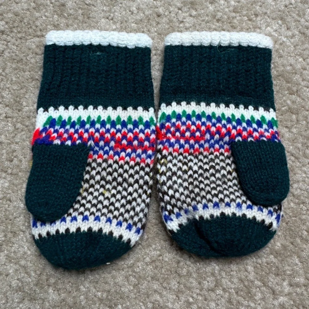 Unbranded Knit Bird Mittens Kids Small Green White Fair Isle Winter Accessory